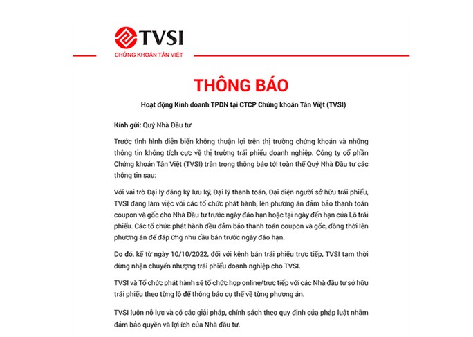 Thông tin mới nhất về chứng khoán Tân Việt: Tạm thời dừng nhận chuyển nhượng trái phiếu doanh nghiệp
