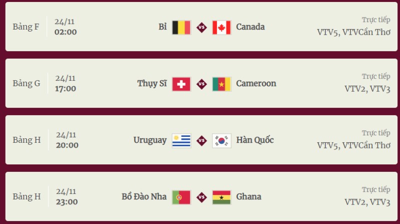 Lịch thi đấu bóng đá World Cup 2022 ngày 24/11 theo giờ Việt Nam