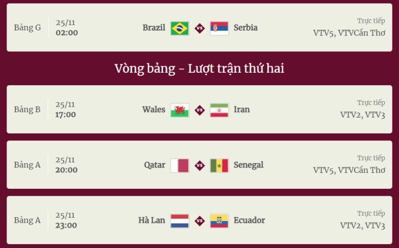 Lịch thi đấu bóng đá World Cup 2022 ngày 25/11 theo giờ Việt Nam