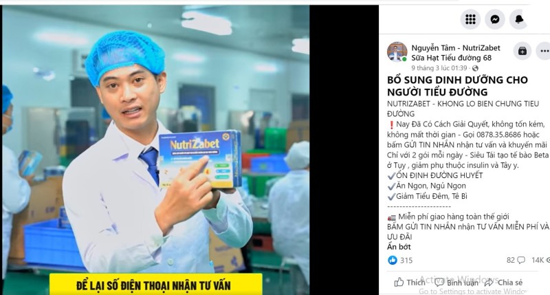 CEO Nguyễn Tâm quảng cáo sai công dụng TPBVSK NutriZabet nhằm lừa dối người bệnh tiểu đường?